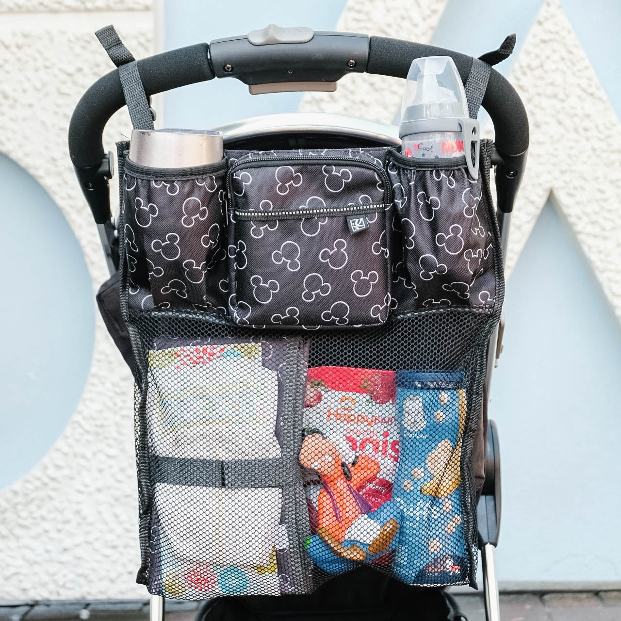 J.L. Childress Cups 'N Cargo, Universal Fit Stroller Organizer with Extra Large Storage, Expandable Deep Cup Holders, Multiple Zippered Pockets, Unique Large Mesh Bag for Larger Items ( Mickey Black , One Size ) Mickey Black One Size U2