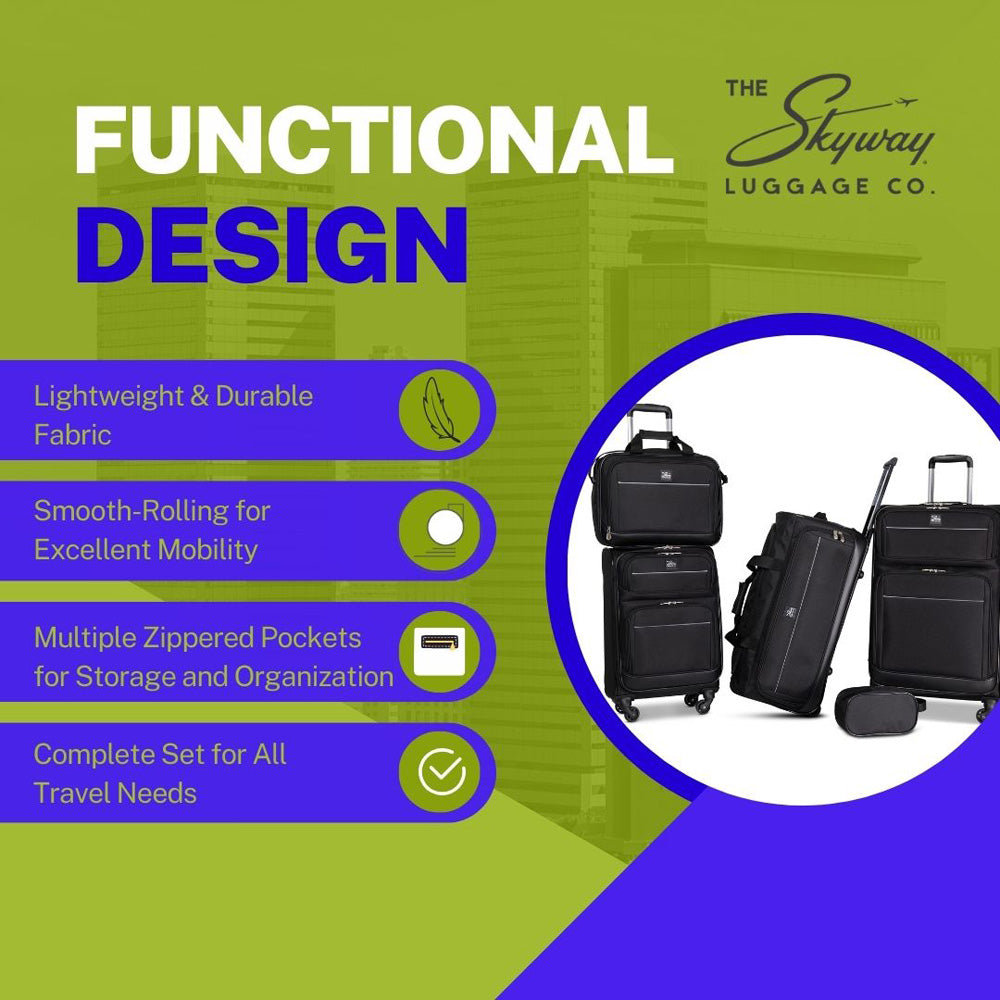 Skyway Luggage Seville Softside 5-Piece Travel Luggage Weather & Abrasion Resistant, Expandable with Spinner Wheels ( Black , 5-Piece Set ) Black 5 Piece Set U1