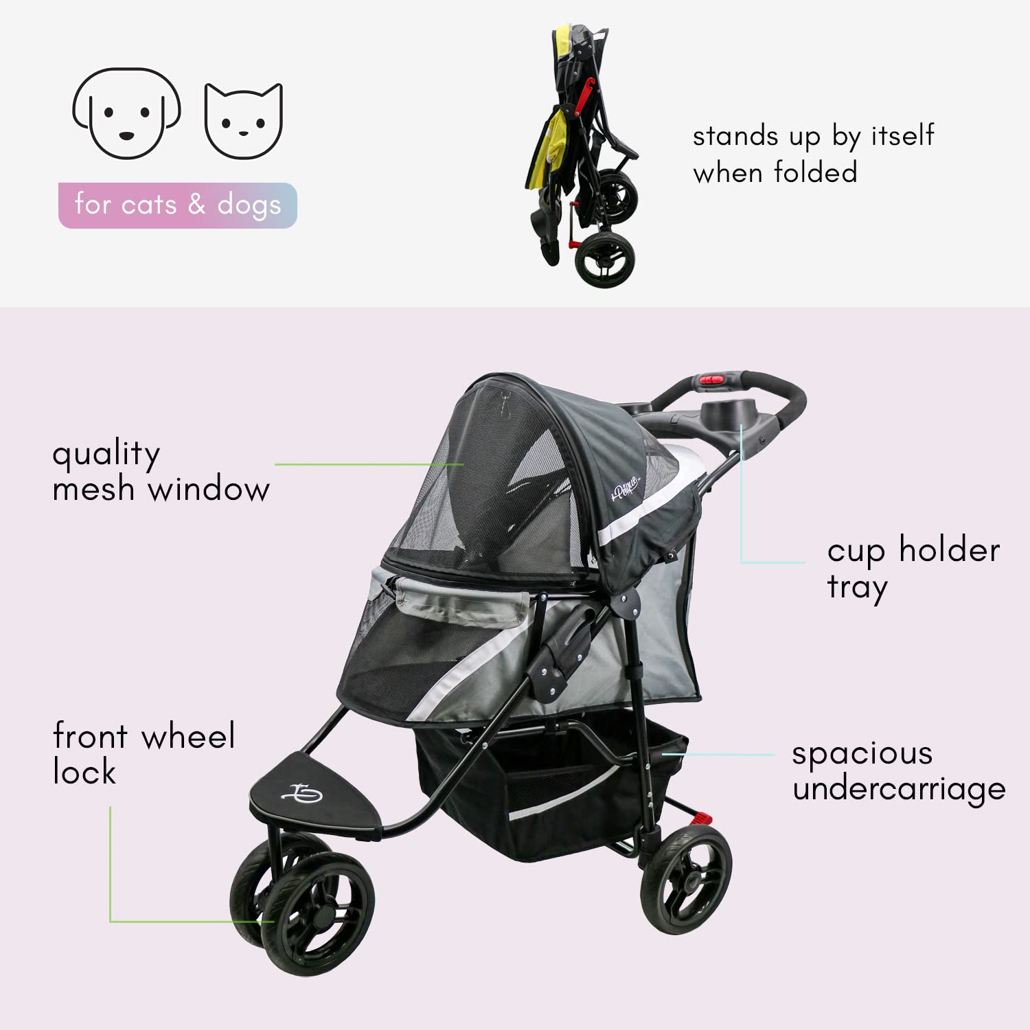 Petique Revolutionary Stroller, Dog Cart for Small to Medium Size Pets, Ventilated Pet Jogger for Cats & Dogs ( Gray , One Size ) Gray One Size U1
