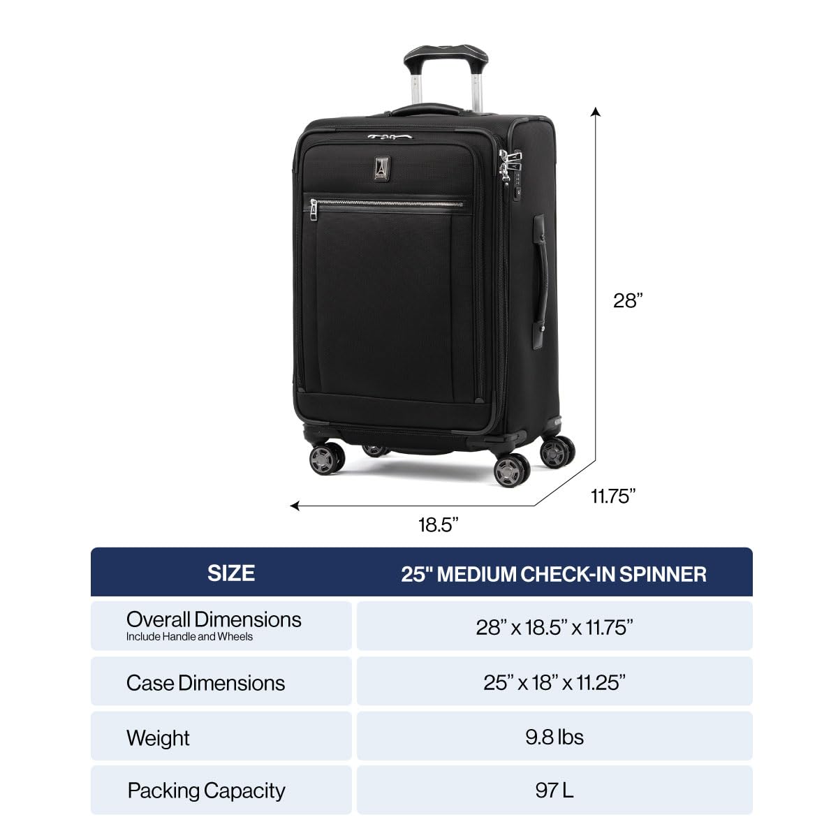 Travelpro Platinum Elite Softside Expandable Checked Luggage, 8 Wheel Spinner Large Suitcase, TSA Lock, Men and Women ( Shadow Black , Checked-Medium 25-Inch ) Shadow Black Checked Medium 25 Inch U10