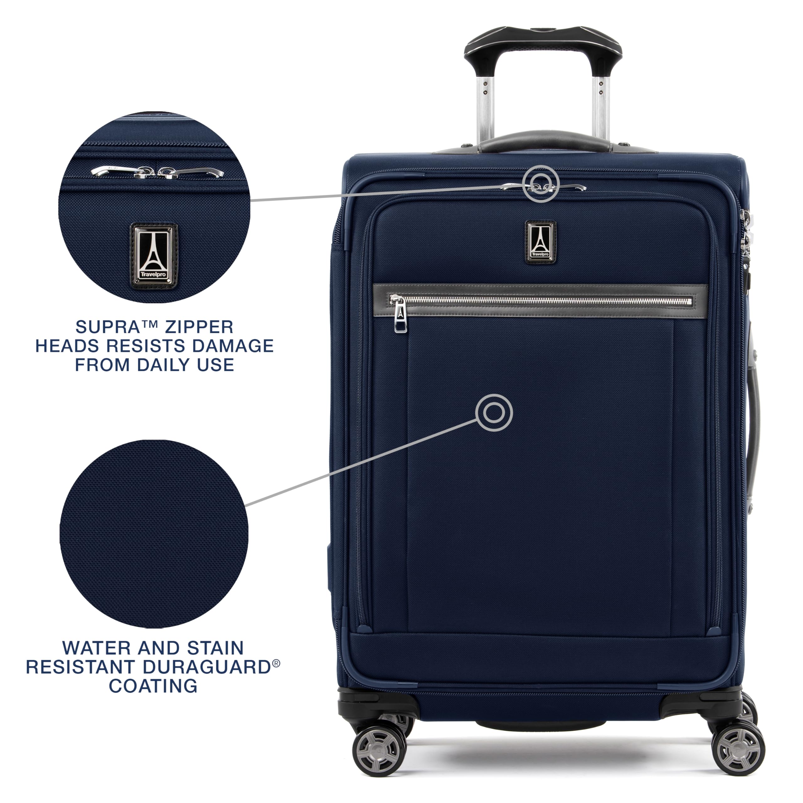 Travelpro Platinum Elite Softside Expandable Checked Luggage, 8 Wheel Spinner Large Suitcase, TSA Lock, Men and Women ( Dark Blue , Checked-Medium 25-Inch ) Dark Blue Checked Medium 25 Inch U1