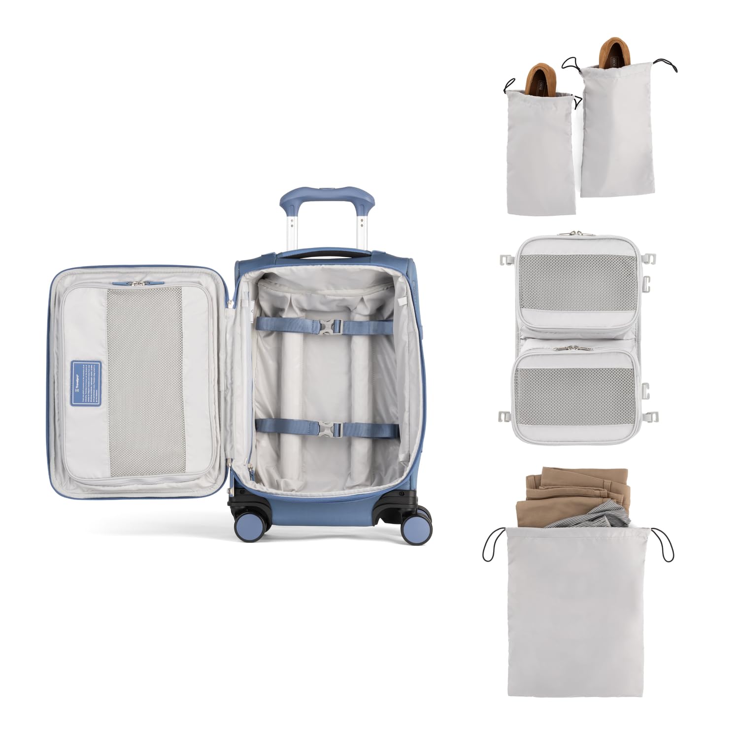 Travelpro Versapack + Lightweight Softside Expandable Checked Luggage, 8 Spinner Suitcase, TSA Lock, Men and Women ( Elemental Blue , Compact Carry On 20-Inch ) Elemental Blue Compact Carry On 20 Inch U2