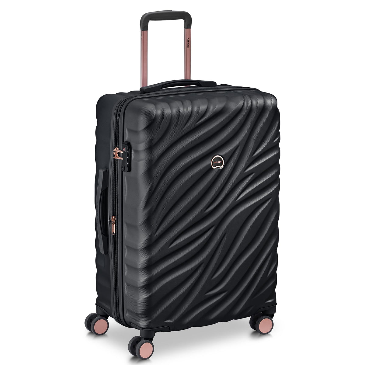 Delsey Alexis Lightweight Luggage, 4-Wheel Spinners Hardshell Suitcase, Expandable with TSA Lock  ( Black/Rose Gold , Checked-Medium 25-Inch ) Black/Rose Gold Checked Medium 25 Inch U3