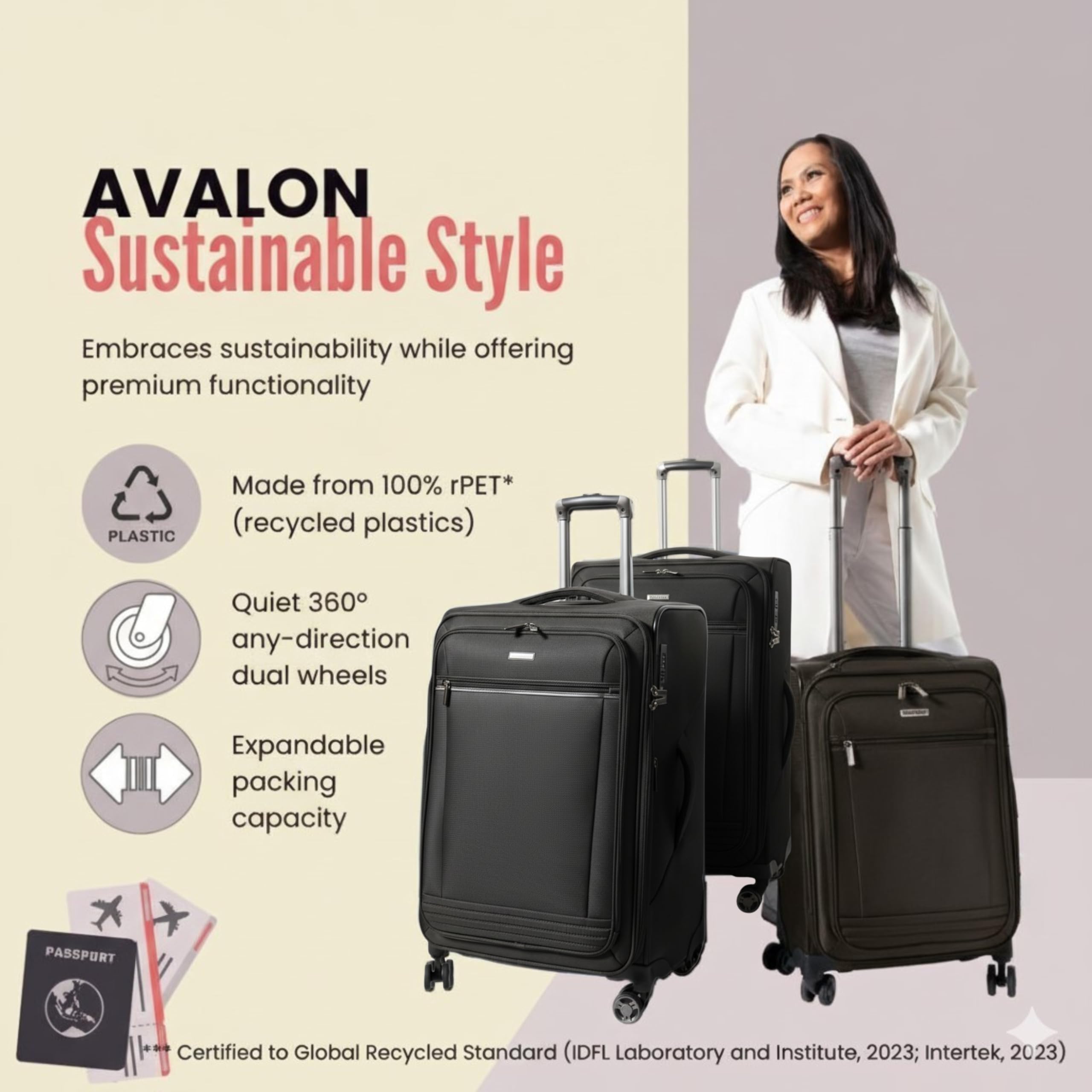 Ricardo Beverly Hills Avalon Softside Luggage Made with Sustainable 100% Recycled PET (rPET), Lightweight, Eco-Friendly Travel, Expandable, Dual Spinner Wheels ( Black , 28-inch ) Black 28 Inch U1