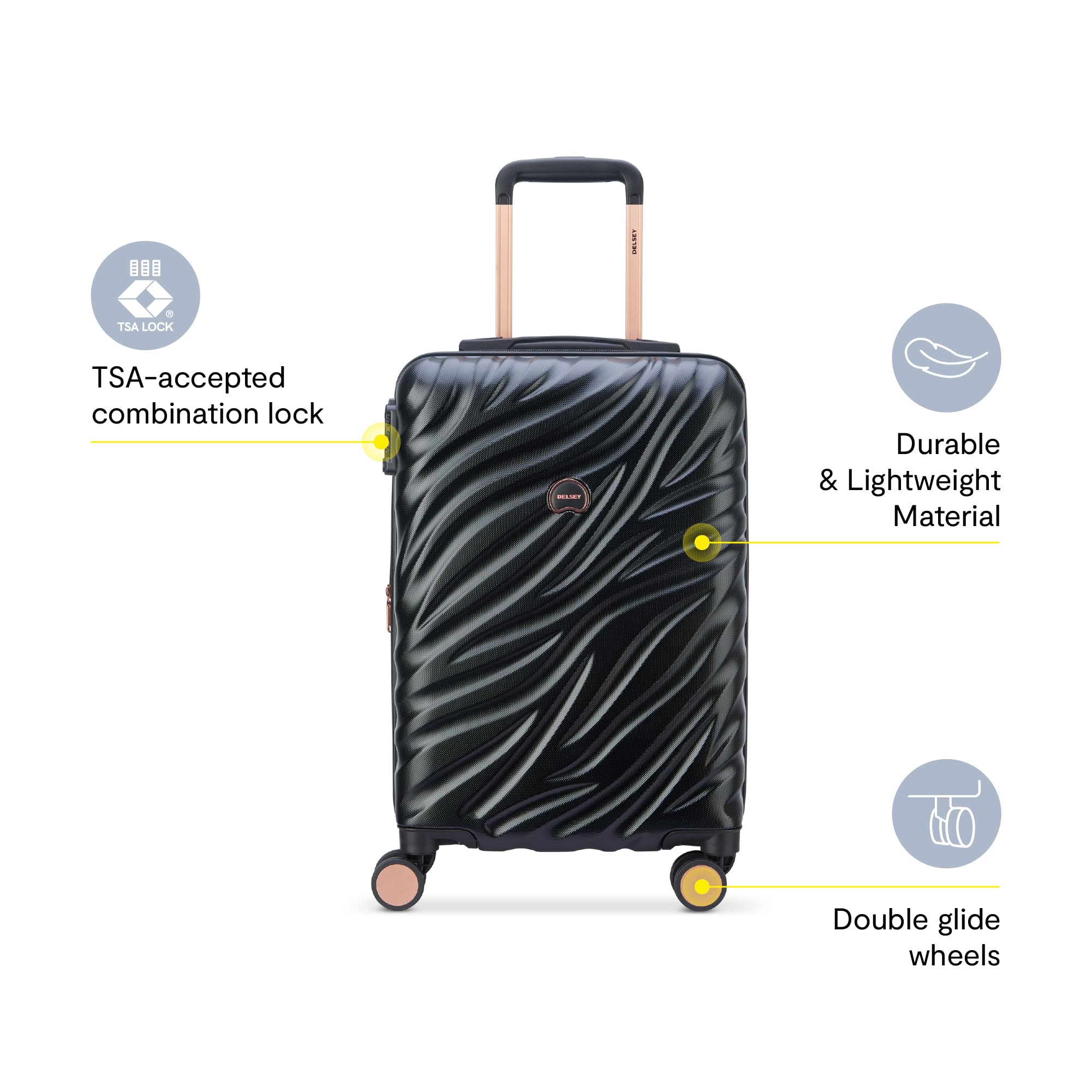 Delsey Alexis Lightweight Luggage, 4-Wheel Spinners Hardshell Suitcase, Expandable with TSA Lock  ( Black/Rose Gold , Checked-Medium 25-Inch ) Black/Rose Gold Checked Medium 25 Inch U3