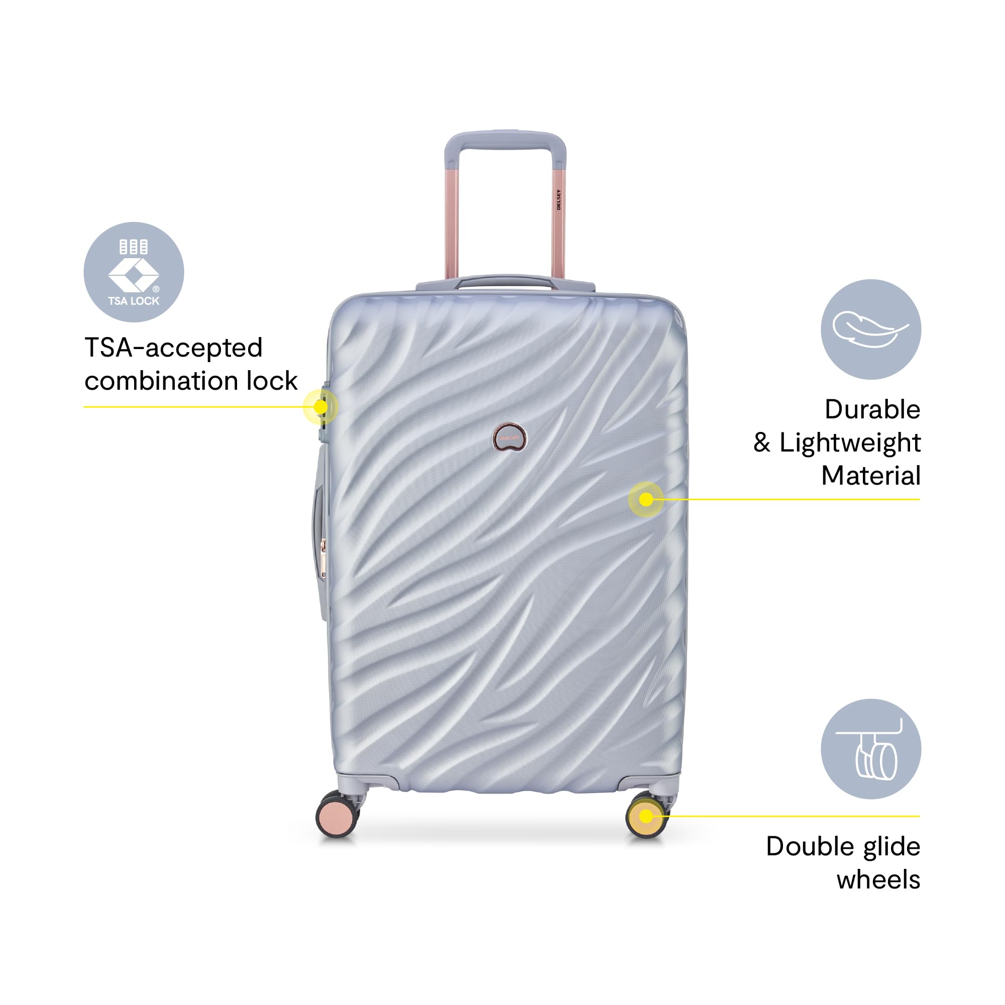 Delsey Alexis Lightweight Luggage, 4-Wheel Spinners Hardshell Suitcase, Expandable with TSA Lock  ( Platinum/Rose Gold , Checked-Medium 25-Inch ) Platinum/Rose Gold Checked Medium 25 Inch U8