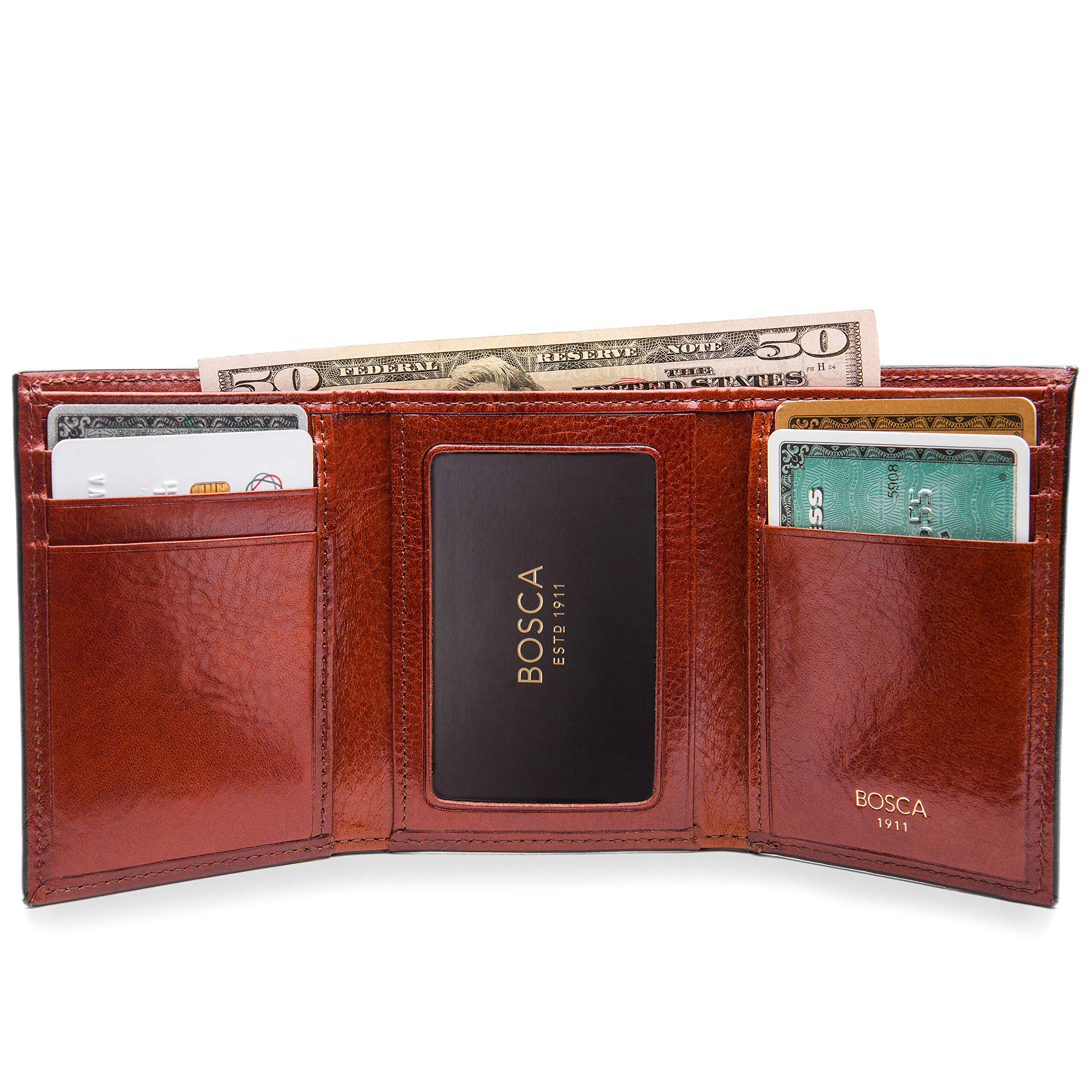 Bosca Mens Old Leather Collection Double ID Trifold Wallet U1