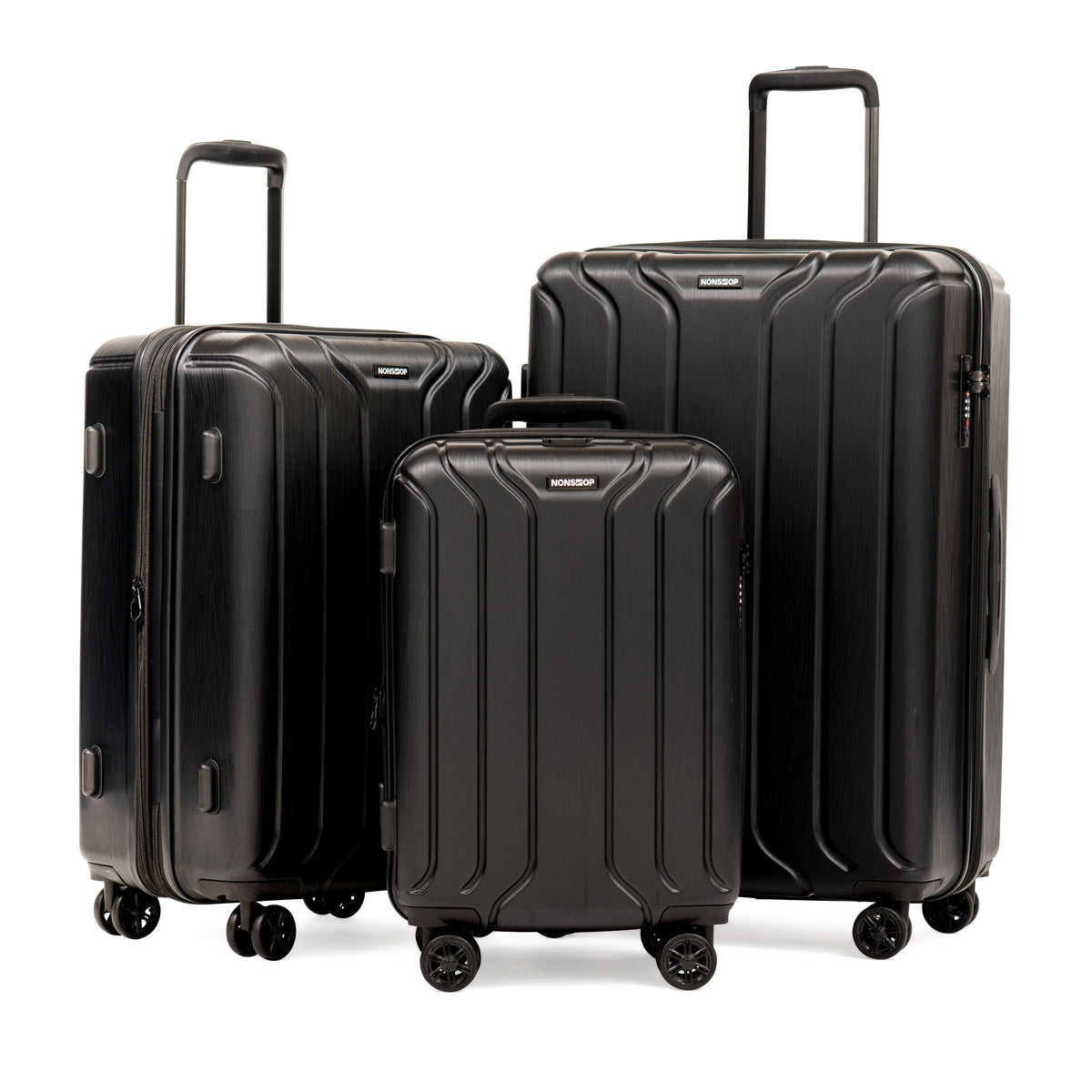 NONSTOP NEW YORK Luggage Expandable Spinner Wheels hard side shell Travel Suitcase Set 3 Piece Lightweight, TSA Lock, Double USB Port + 2 packing cubes - Black/3-Piece Set (20/24/28)